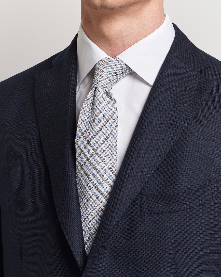 Homme | Amanda Christensen Linen Structured 8cm Tie White/Blue/Brown | Amanda Christensen | Linen Structured 8cm Tie White/Blue/Brown