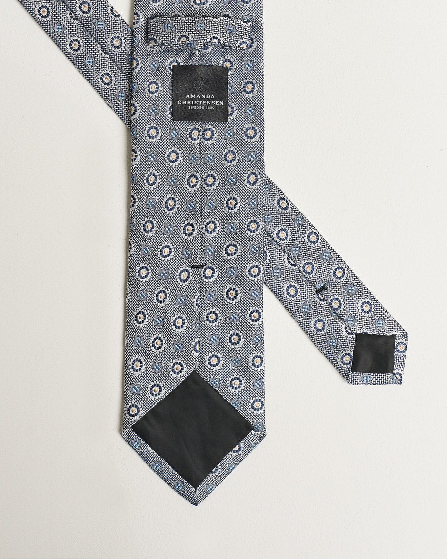 Heren | Amanda Christensen Linen/Silk Printed Flower 8cm Tie Navy | Amanda Christensen | Linen/Silk Printed Flower 8cm Tie Navy