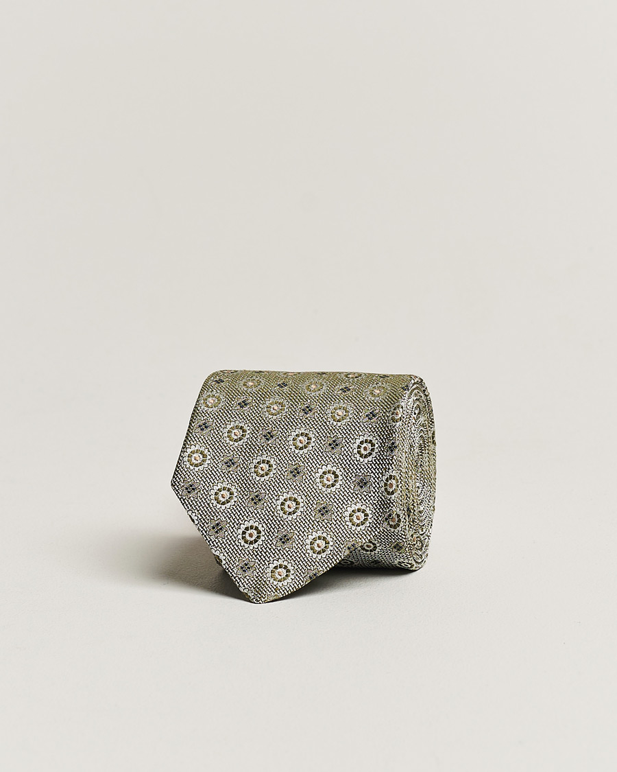 Heren | Amanda Christensen Linen/Silk Printed Flower 8cm Tie Green | Amanda Christensen | Linen/Silk Printed Flower 8cm Tie Green