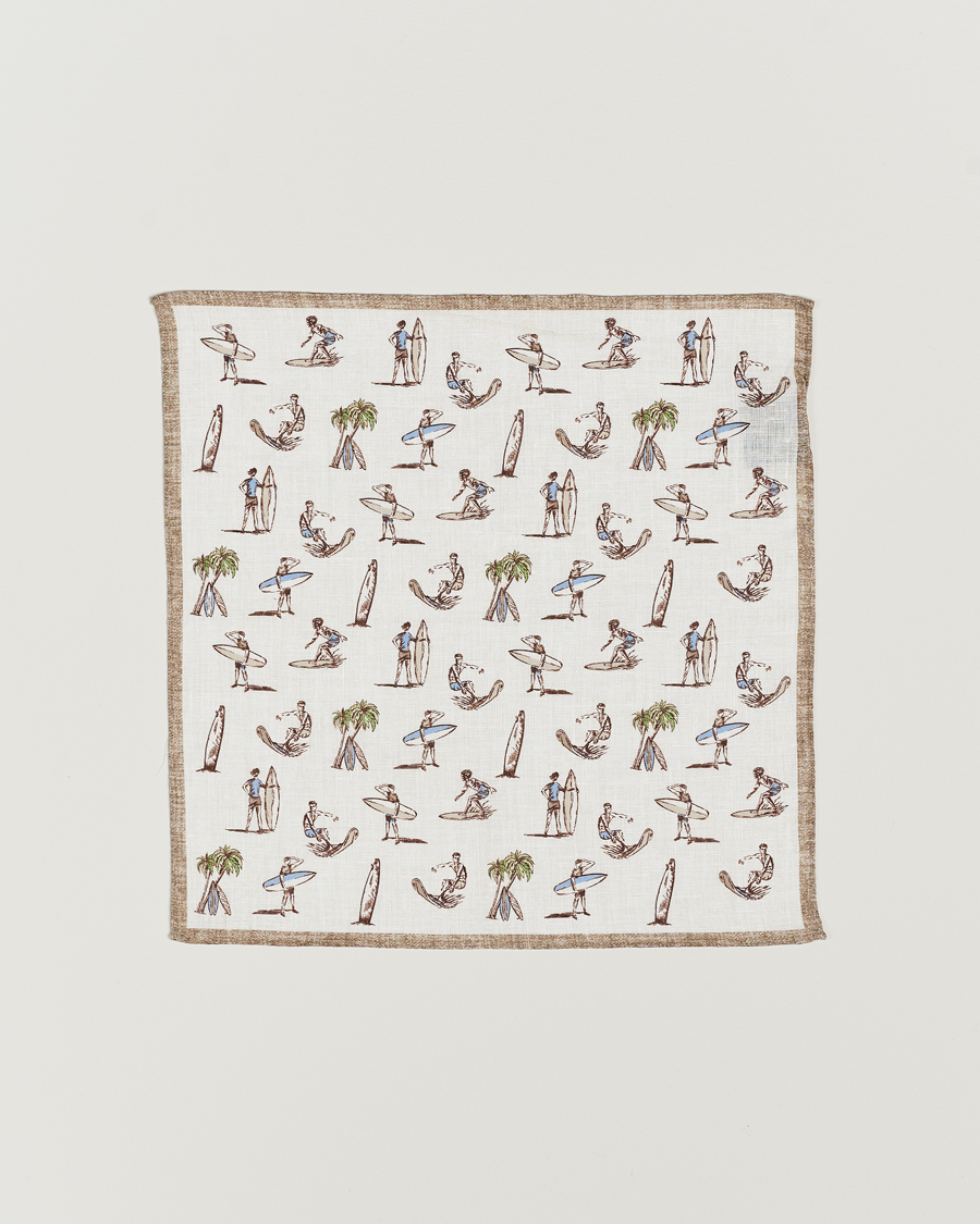 Heren | Amanda Christensen Linen Printed Surfer Pocket Square White | Amanda Christensen | Linen Printed Surfer Pocket Square White