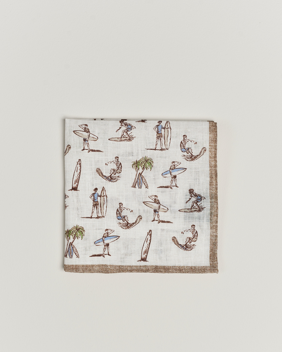 Heren | Amanda Christensen Linen Printed Surfer Pocket Square White | Amanda Christensen | Linen Printed Surfer Pocket Square White