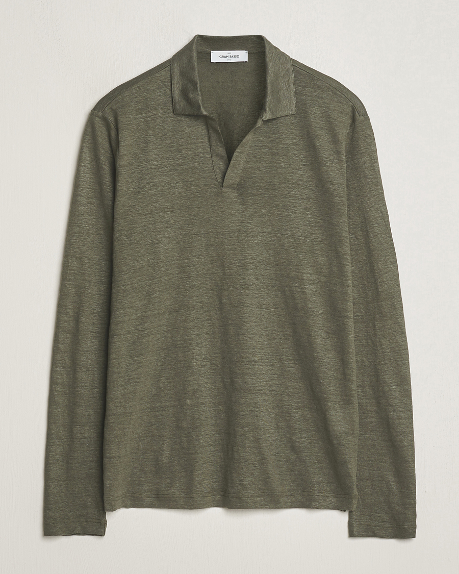 Homme | Pulls Et Tricots | Gran Sasso | Washed Linen Long Sleeve Polo Dark Green Melange