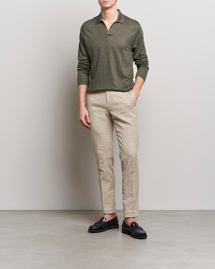 Homme | Pulls Et Tricots | Gran Sasso | Washed Linen Long Sleeve Polo Dark Green Melange