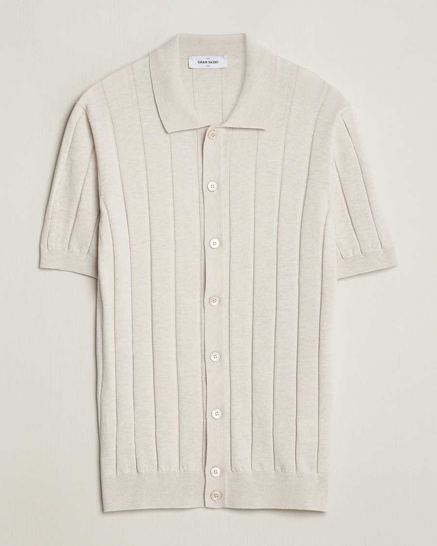 Homme | Chemises | Gran Sasso | Cotton Ribbed Knitted Resort Shirt Light Beige
