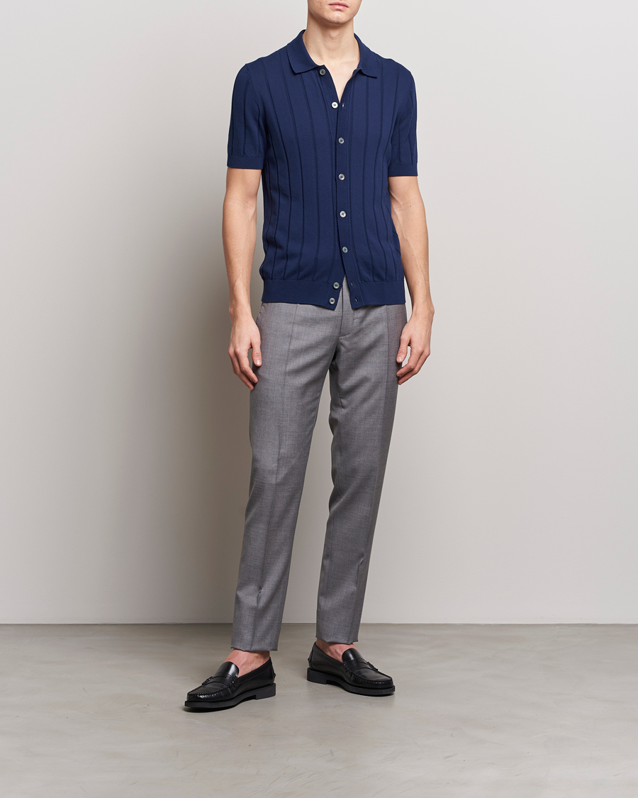 Heren | Overhemden | Gran Sasso | Cotton Structured Knitted Short Sleeve Shirt Light Navy