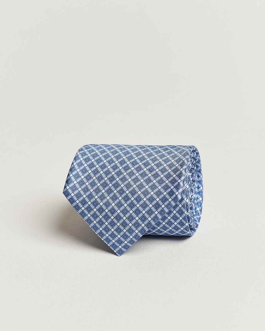Homme | Brioni Printed Silk Tie Blue Check | Brioni | Printed Silk Tie Blue Check