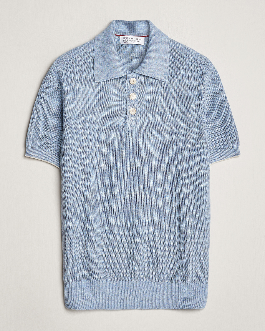 Homme | Polos | Brunello Cucinelli | Cotton/Linen Rib Knitted Polo Light Blue