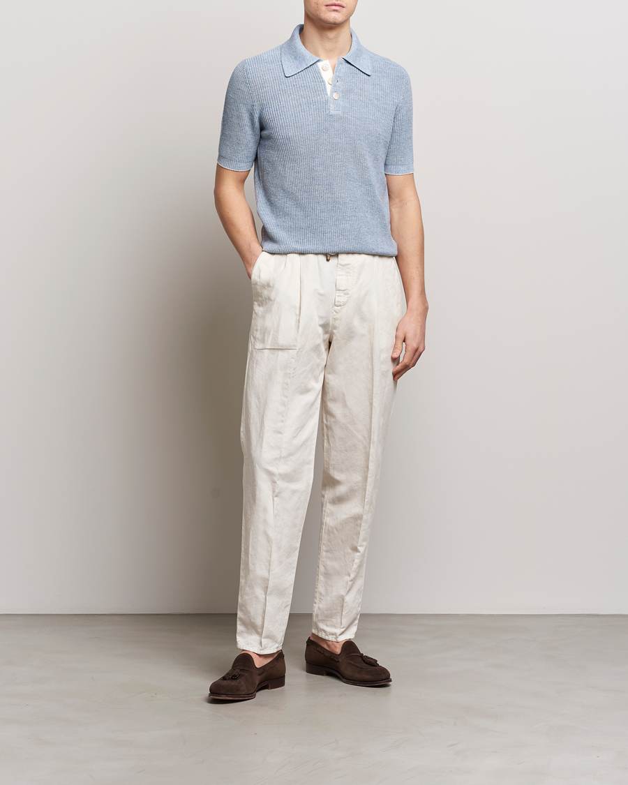 Homme | Polos | Brunello Cucinelli | Cotton/Linen Rib Knitted Polo Light Blue