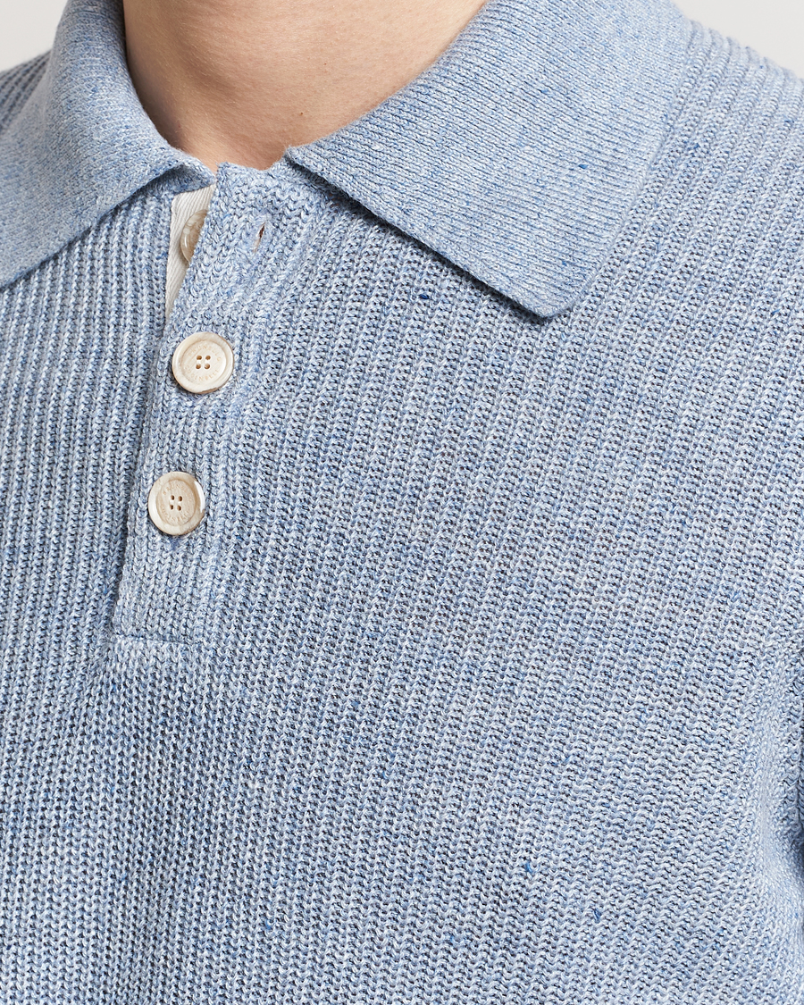 Homme | Polos | Brunello Cucinelli | Cotton/Linen Rib Knitted Polo Light Blue