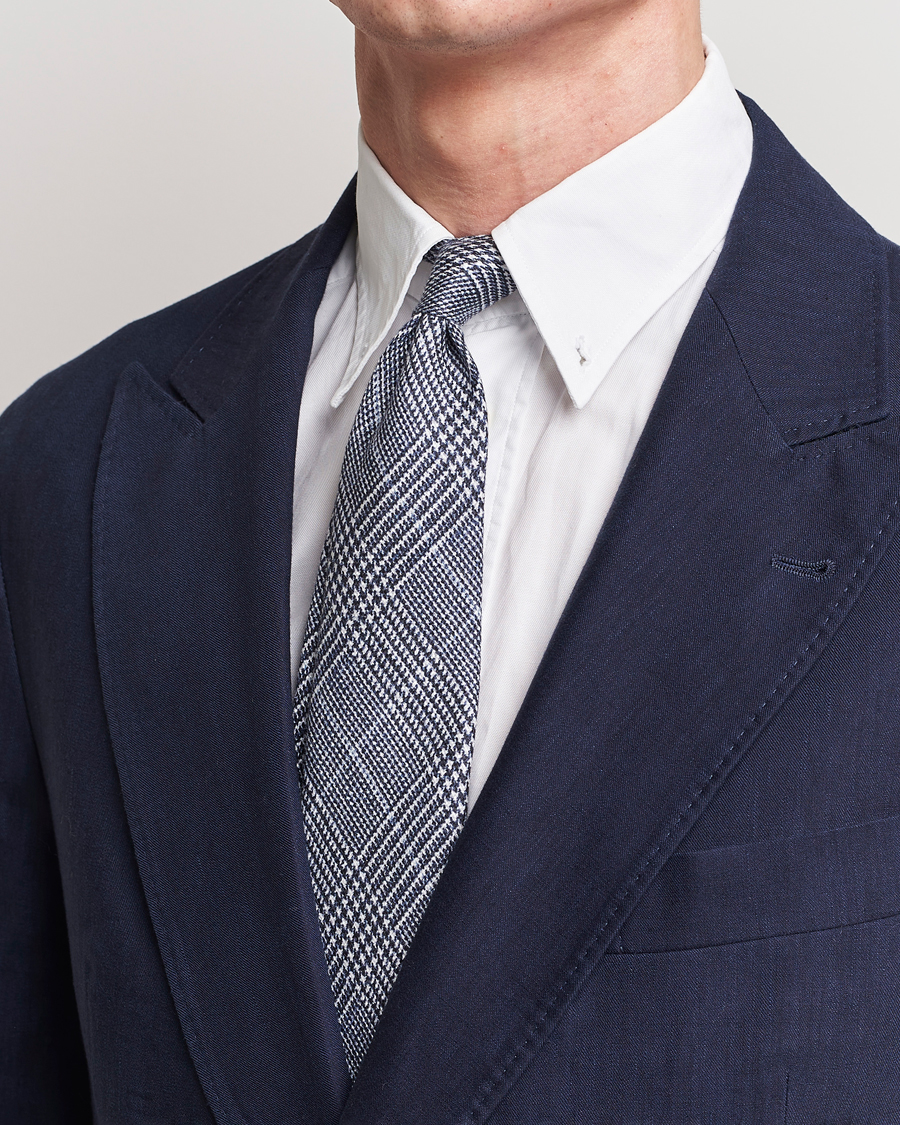 Heren | Brunello Cucinelli Prince Of Wales Linen Tie Dark Blue | Brunello Cucinelli | Prince Of Wales Linen Tie Dark Blue