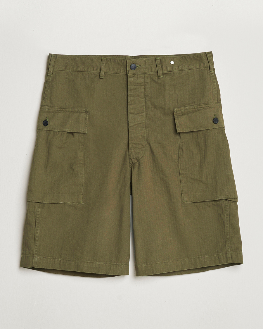 Homme | Shorts | orSlow | Herringbone Cotton Cargo Short Army Green