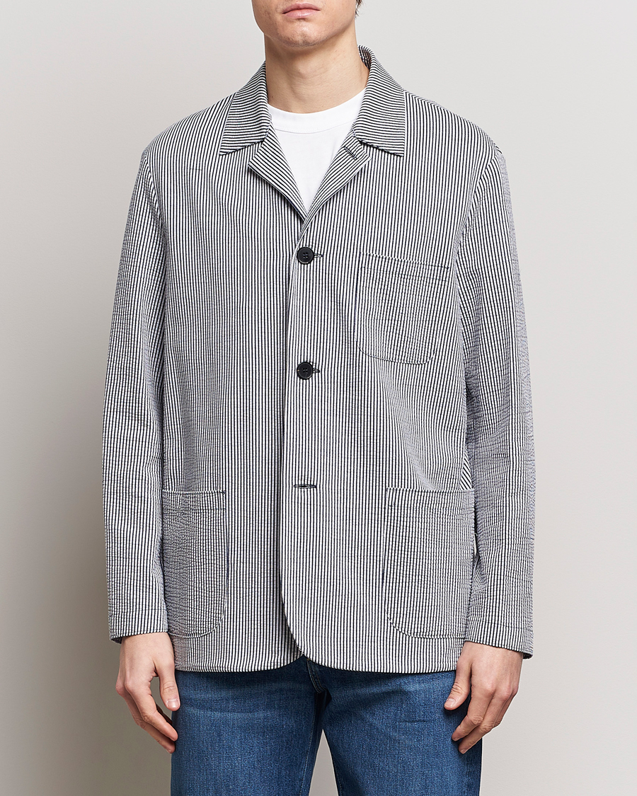 Homme | Blazers | Harris Wharf London | Coolmax Striped Seersucker Drop Shoulder Blazer Blue/Cream