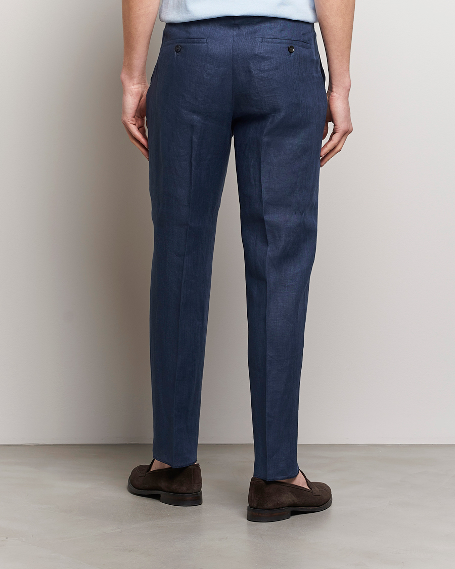 Homme | Pantalons | Incotex | Straight Fit Pure Linen Trousers Navy