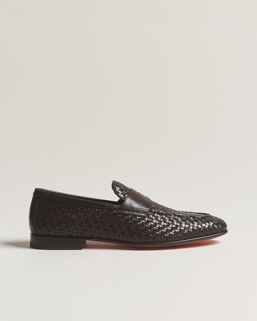 Heren | Santoni Braided Penny Loafers Dark Brown Calf | Santoni | Braided Penny Loafers Dark Brown Calf