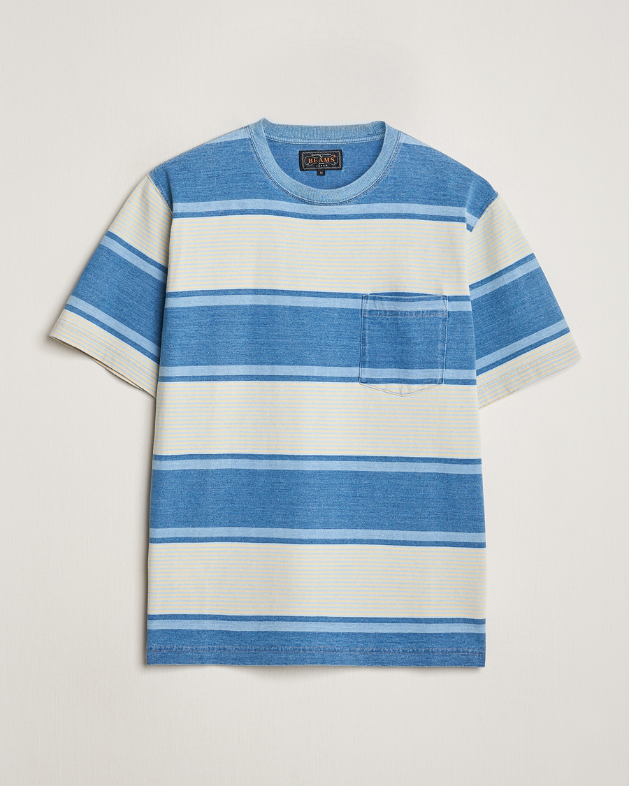 Homme | T-shirts | BEAMS PLUS | Indigo Dyed Striped T-Shirt Sax Blue