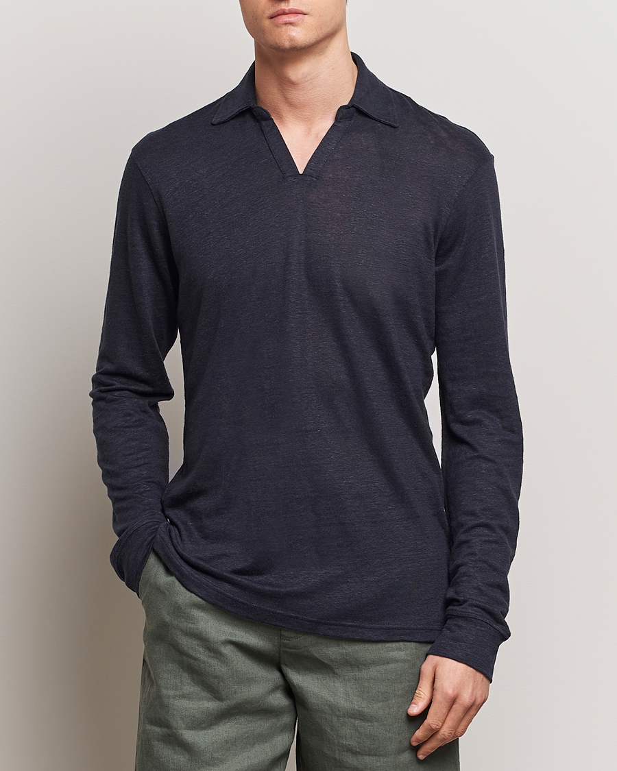 Homme | Pulls Et Tricots | Orlebar Brown | Felix Long Sleeve Slub Linen Polo Night Iris