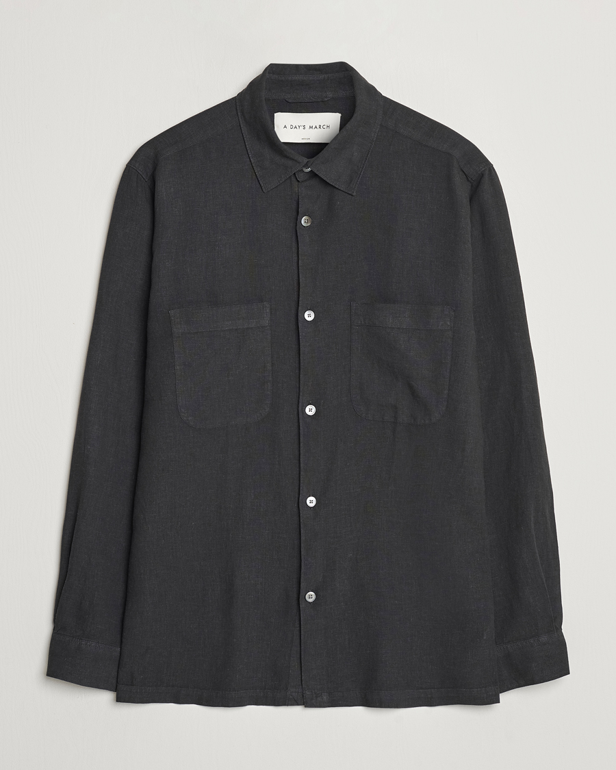 Heren | Overhemden | A Day's March | Balain Linen/Viscose Shirt Off Black