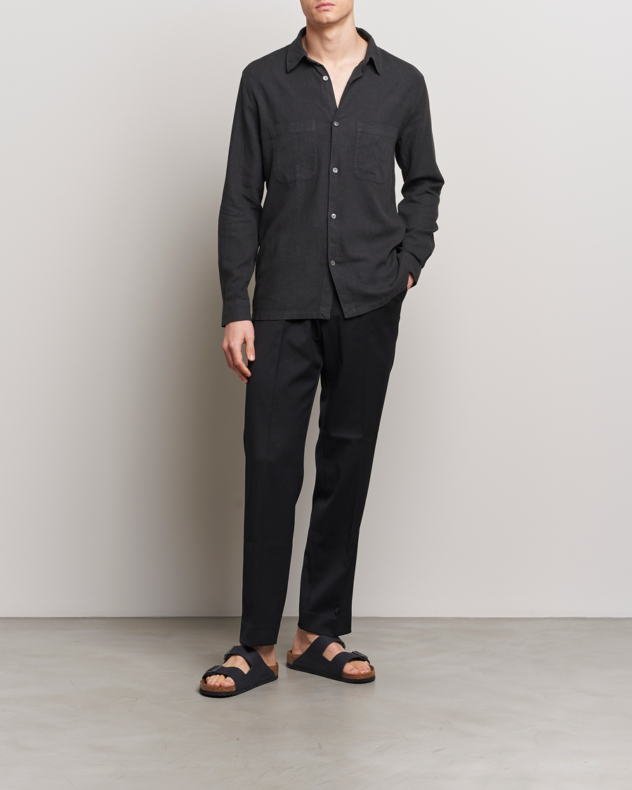 Heren | Overhemden | A Day's March | Balain Linen/Viscose Shirt Off Black