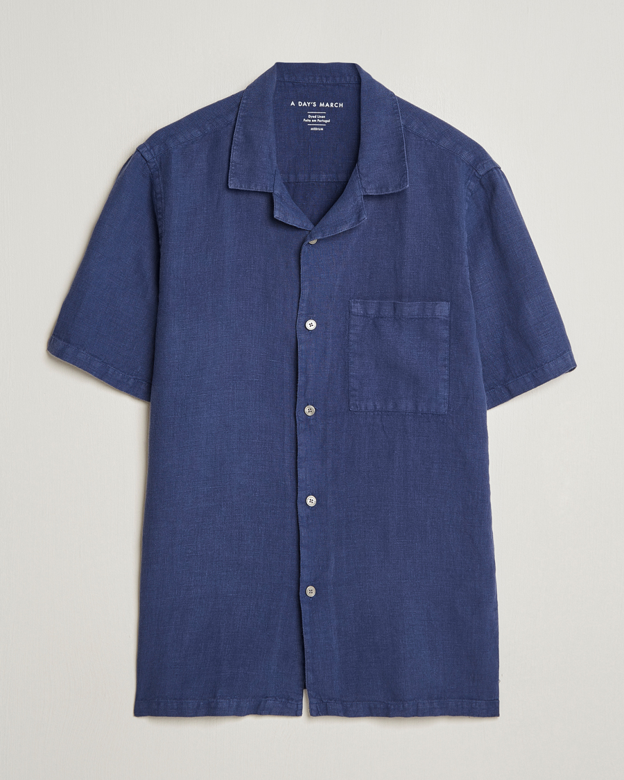 Homme | Chemises | A Day's March | Yamu Short Sleeve Linen Shirt Brewers Blue