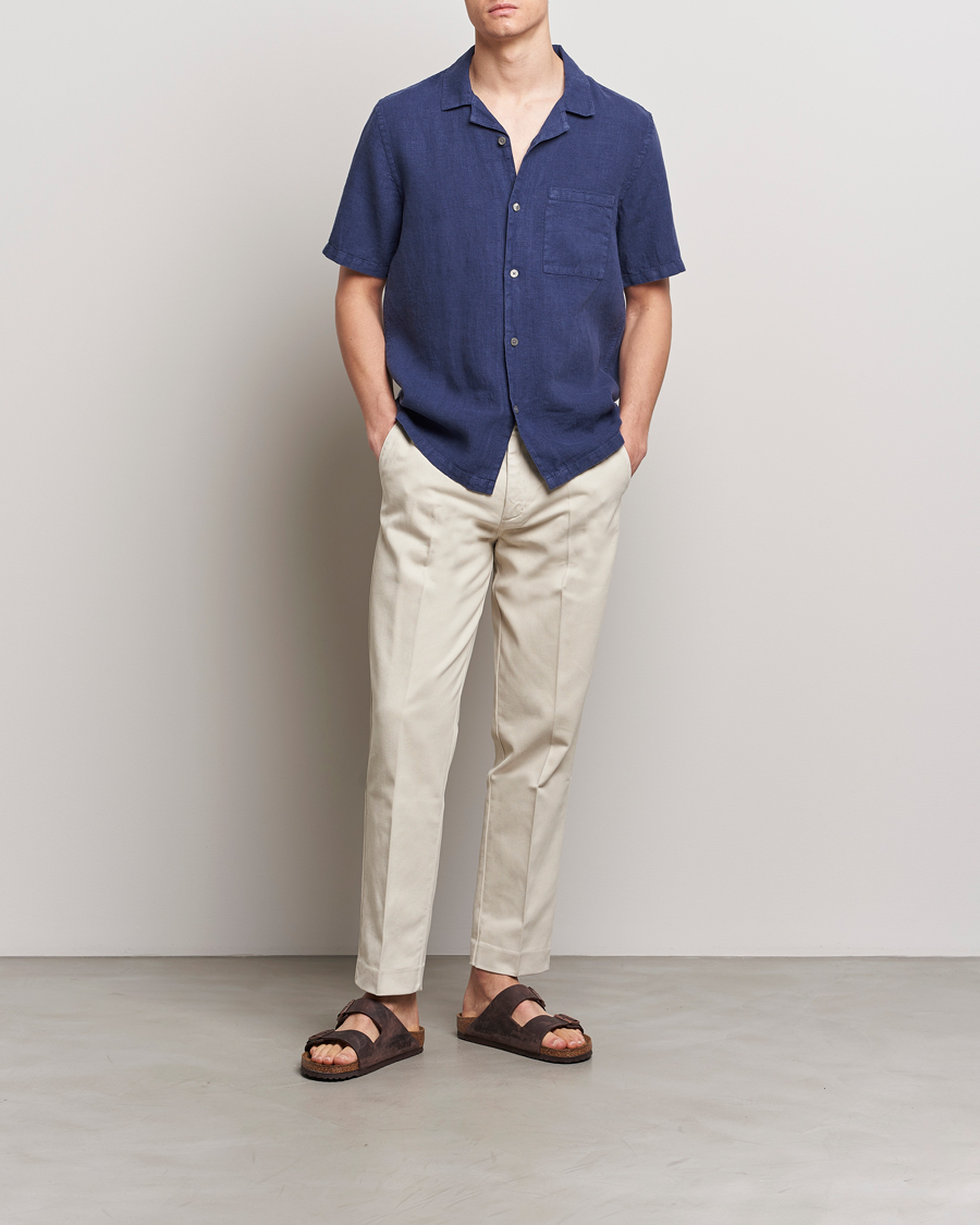 Heren | Overhemden | A Day's March | Yamu Short Sleeve Linen Shirt Brewers Blue