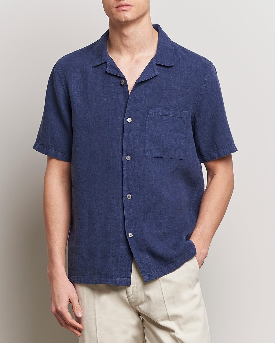 Heren | Overhemden | A Day's March | Yamu Short Sleeve Linen Shirt Brewers Blue