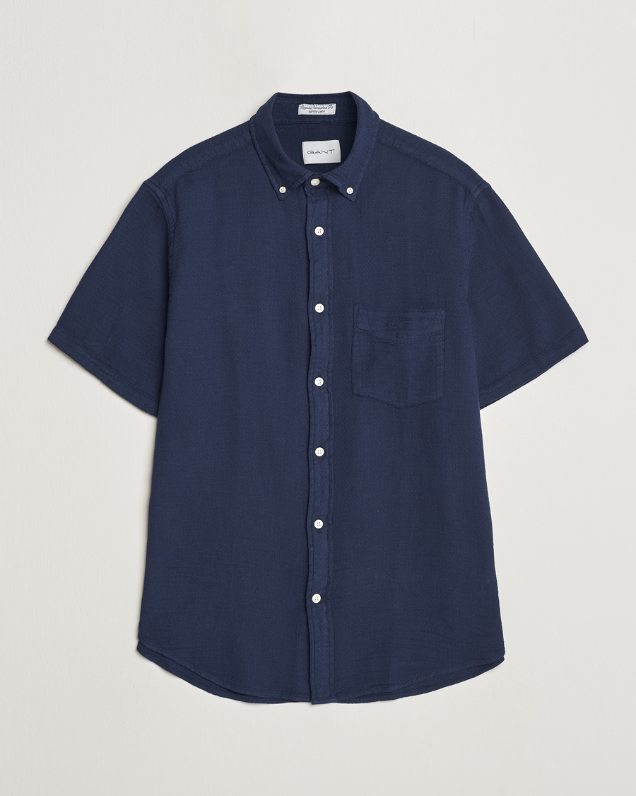 Homme | Chemises | GANT | Cotton/Linen Texture Short Sleeve Shirt Evening Blue