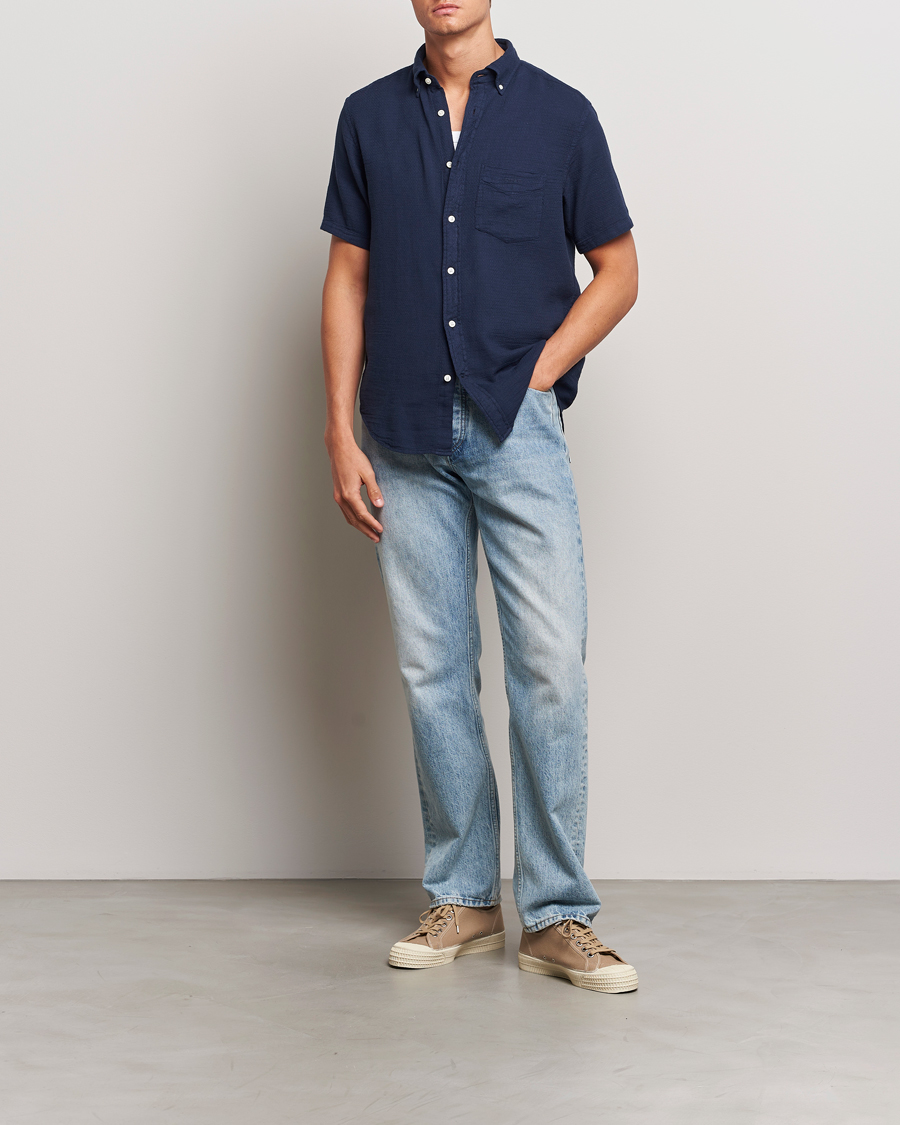 Homme | Chemises | GANT | Cotton/Linen Texture Short Sleeve Shirt Evening Blue