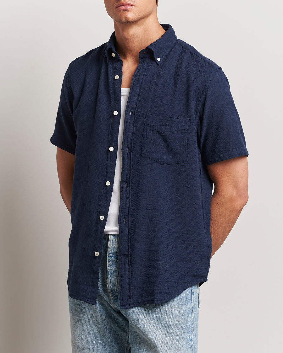 Homme | Chemises | GANT | Cotton/Linen Texture Short Sleeve Shirt Evening Blue