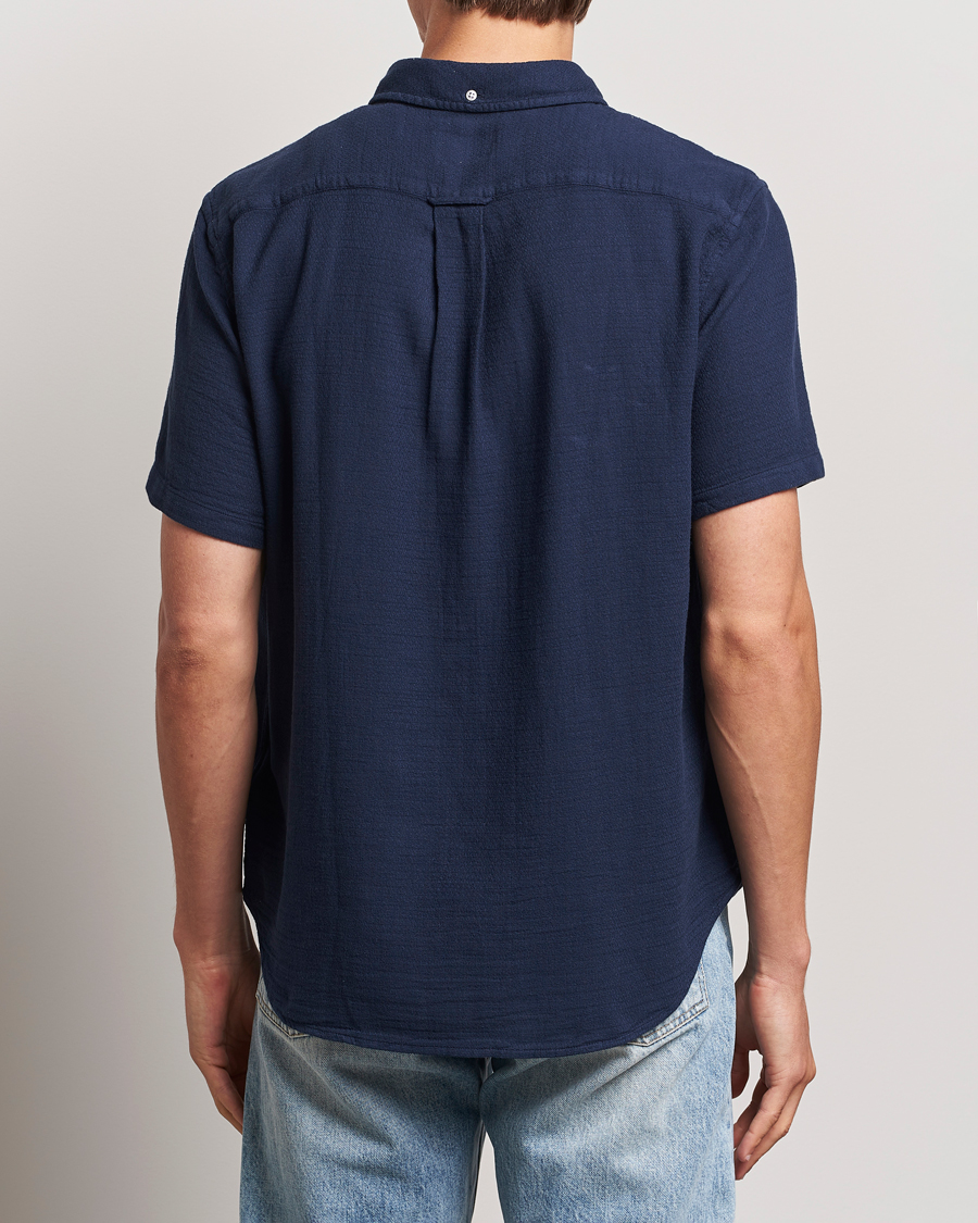 Homme | Chemises | GANT | Cotton/Linen Texture Short Sleeve Shirt Evening Blue