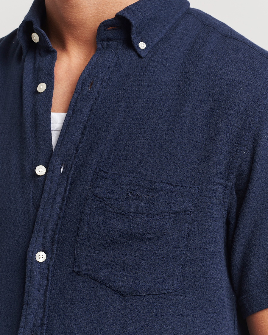 Homme | Chemises | GANT | Cotton/Linen Texture Short Sleeve Shirt Evening Blue