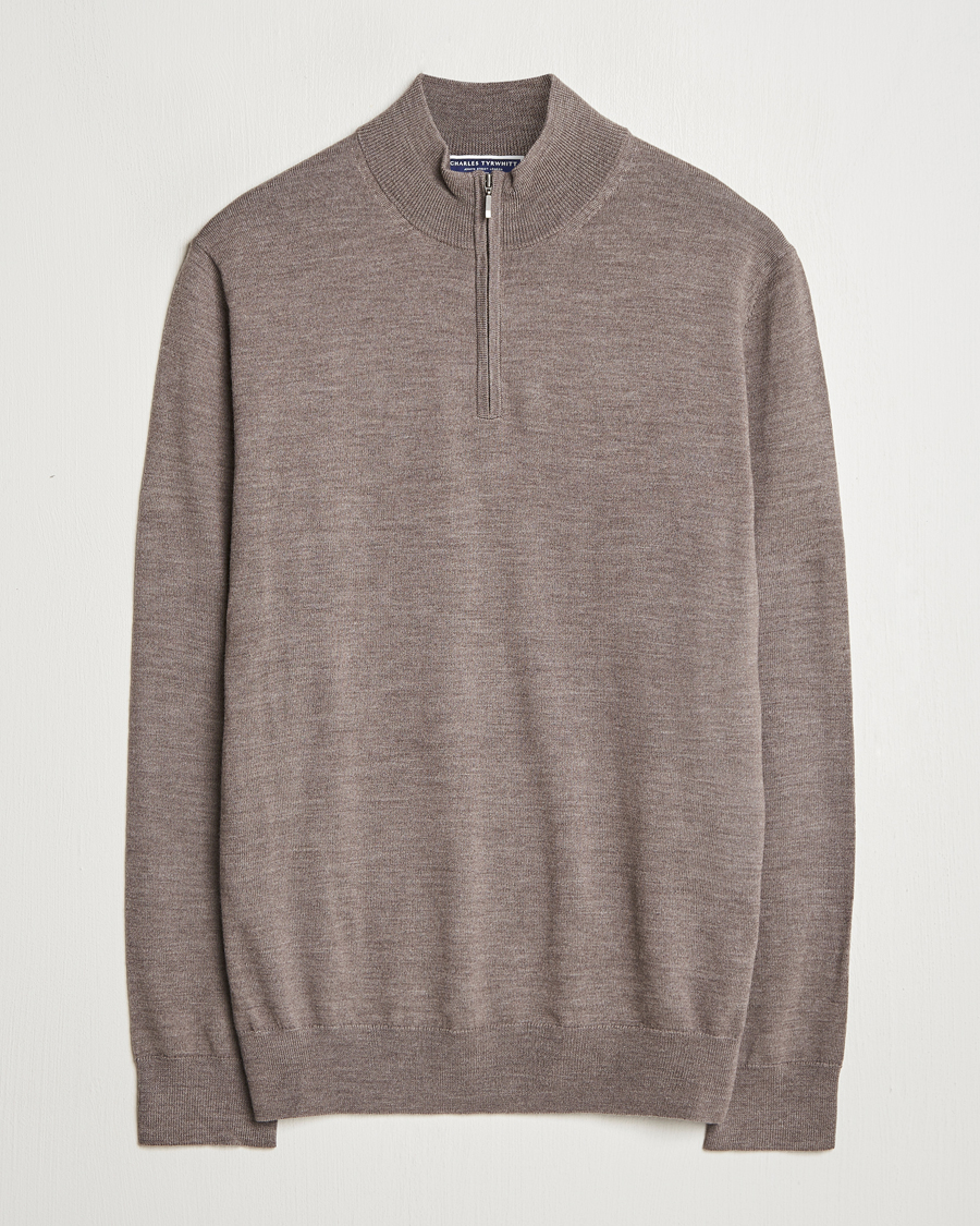 Heren | Truien | Charles Tyrwhitt | Pure Merino Zip Neck Jumper Mocha