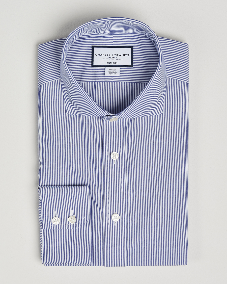 Heren | Overhemden | Charles Tyrwhitt | Slim Fit Non Iron Bengal Stripe Poplin Shirt Navy