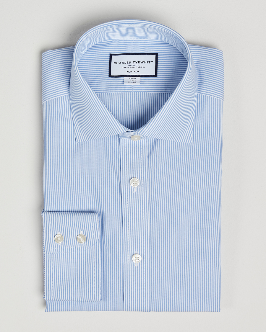 Heren | Overhemden | Charles Tyrwhitt | Slim Fit Non Iron Bengal Stripe Poplin Shirt Sky Blue