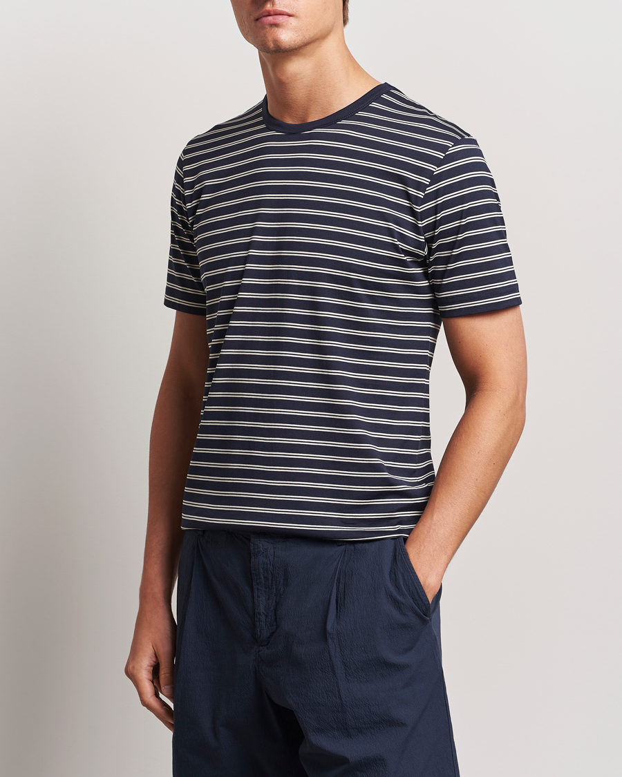 Homme | T-shirts | Sunspel | Striped Crew Neck Cotton Tee Navy/Ecru