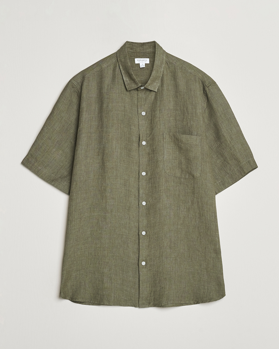 Heren | Overhemden | Sunspel | Short Sleeved Linen Shirt Khaki