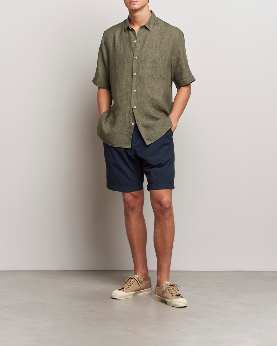 Heren | Overhemden | Sunspel | Short Sleeved Linen Shirt Khaki