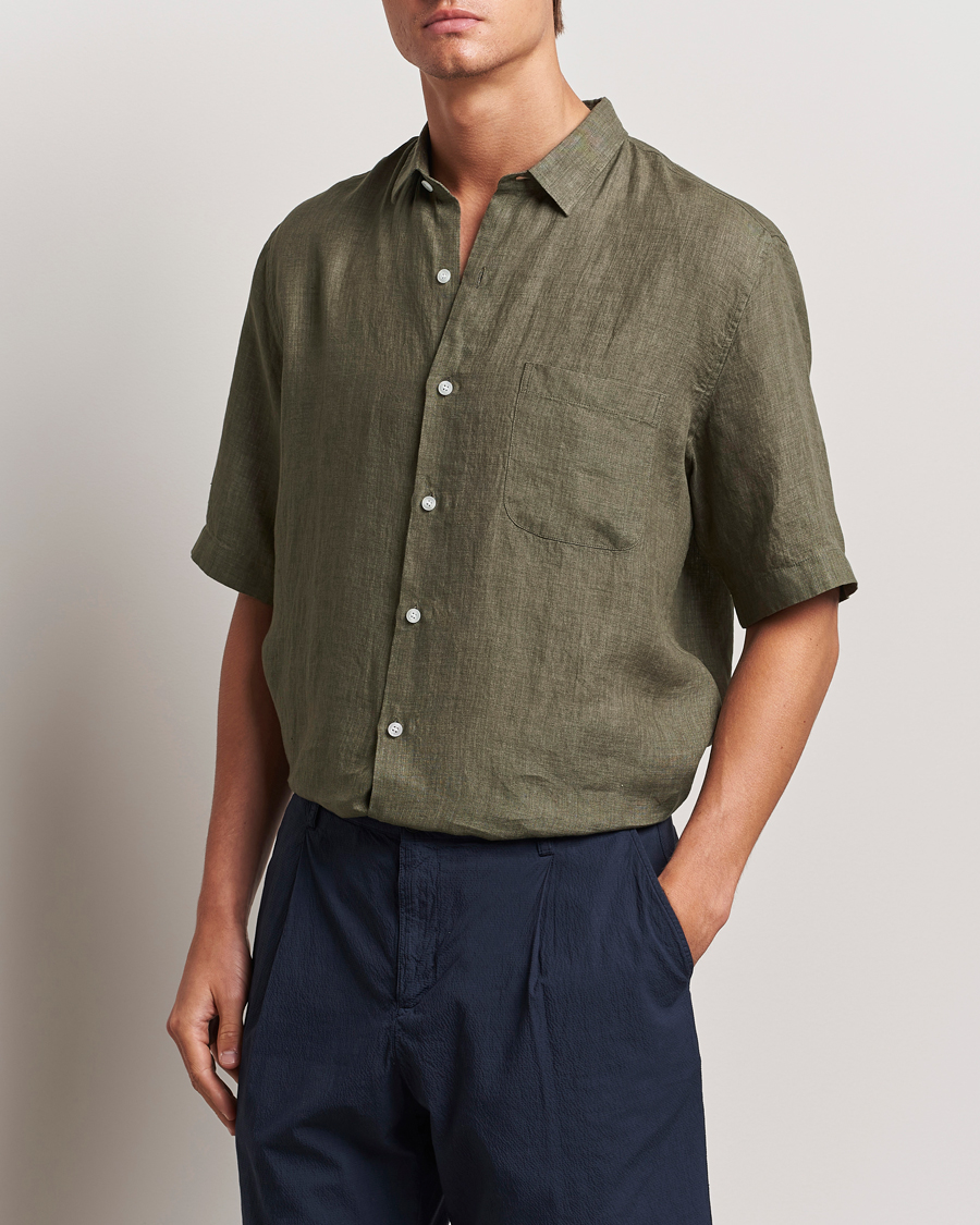Heren | Overhemden | Sunspel | Short Sleeved Linen Shirt Khaki