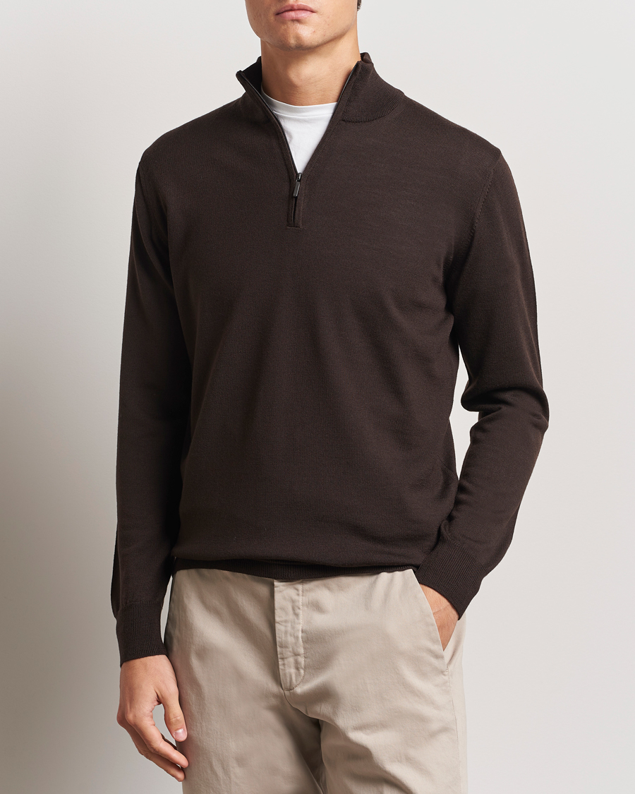 Heren | Truien | Morgano | Extra Fine Merino Wool Half-Zip Dark Brown