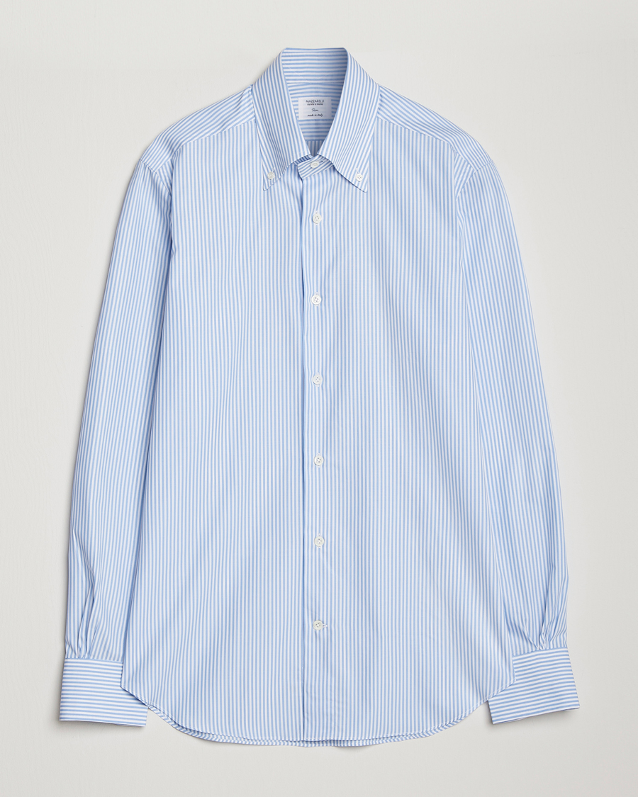 Heren | Overhemden | Mazzarelli | Soft Cotton Striped Button Down Shirt Light Blue