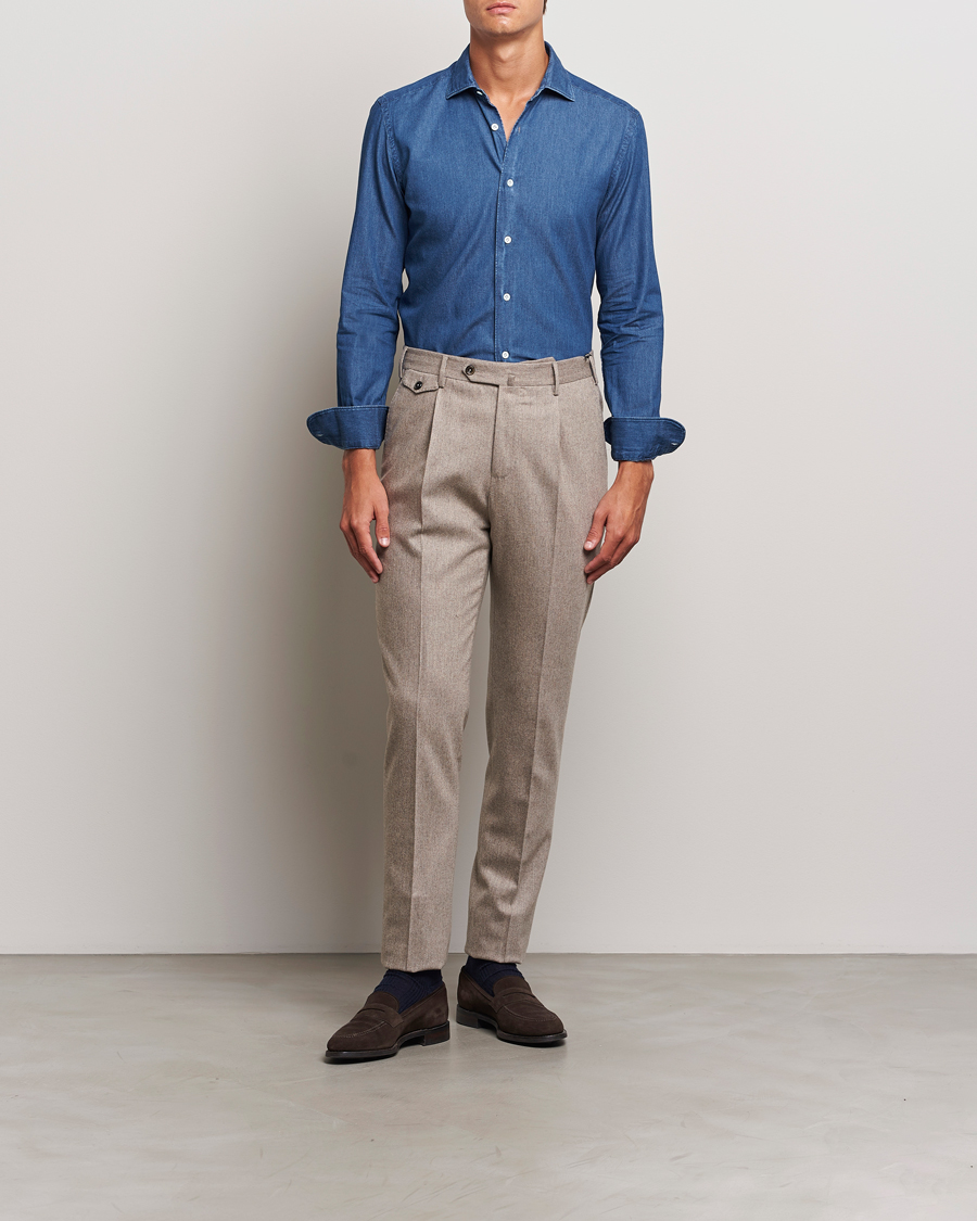 Homme | Chemises | Mazzarelli | Soft Cotton Denim Shirt Stone Wash