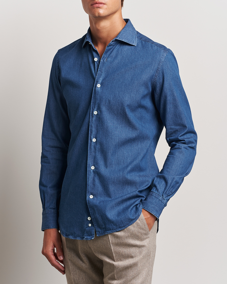 Homme | Chemises | Mazzarelli | Soft Cotton Denim Shirt Stone Wash