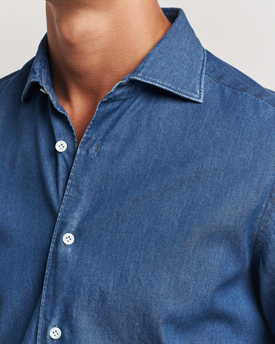 Homme | Chemises | Mazzarelli | Soft Cotton Denim Shirt Stone Wash