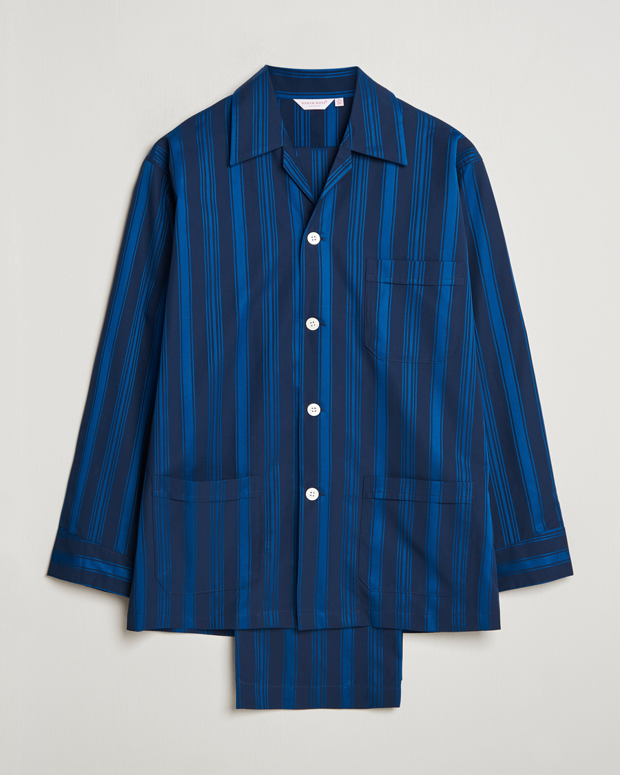 Homme | Derek Rose Striped Cotton Pyjama Set Navy | Derek Rose | Striped Cotton Pyjama Set Navy