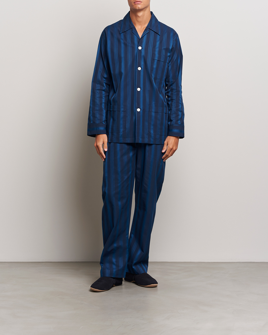 Homme | Derek Rose Striped Cotton Pyjama Set Navy | Derek Rose | Striped Cotton Pyjama Set Navy