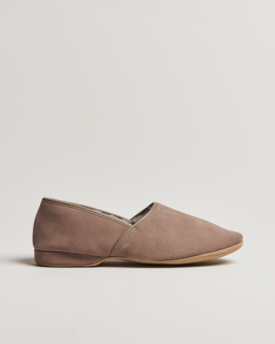 Heren | Derek Rose Crawford Sheepskin Suede Slippers Beige | Derek Rose | Crawford Sheepskin Suede Slippers Beige
