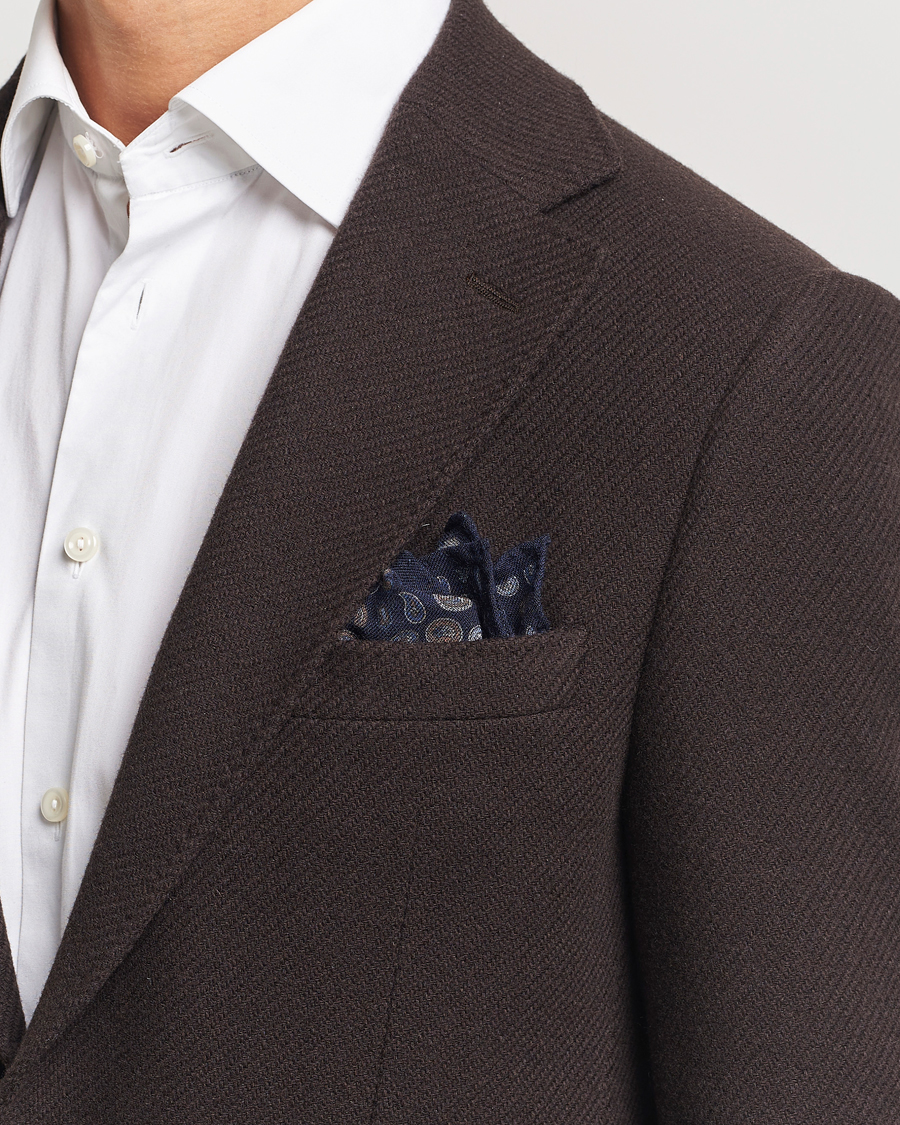 Homme | Amanda Christensen Wool Flannel Printed Paisley Pocket Square Navy | Amanda Christensen | Wool Flannel Printed Paisley Pocket Square Navy