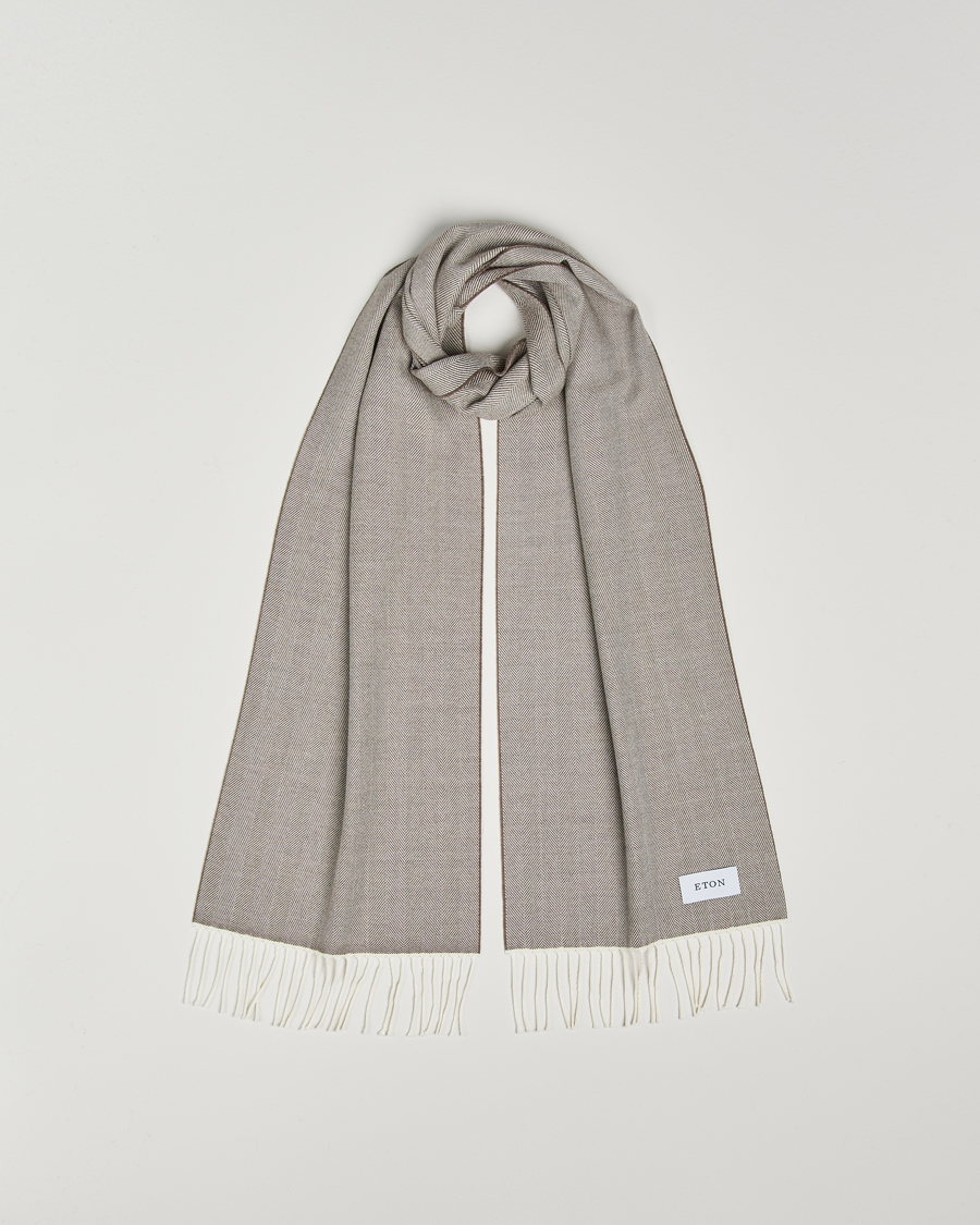 Heren | Eton Merino Wool Herringbone Scarf Beige | Eton | Merino Wool Herringbone Scarf Beige
