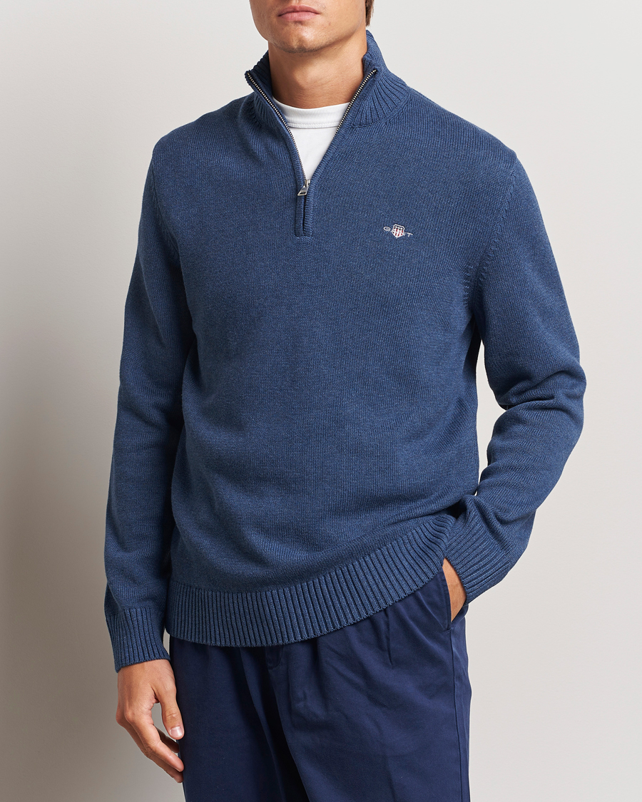 Homme | Pulls Et Tricots | GANT | Casual Cotton Half Zip Dark Jeans Blue Melange