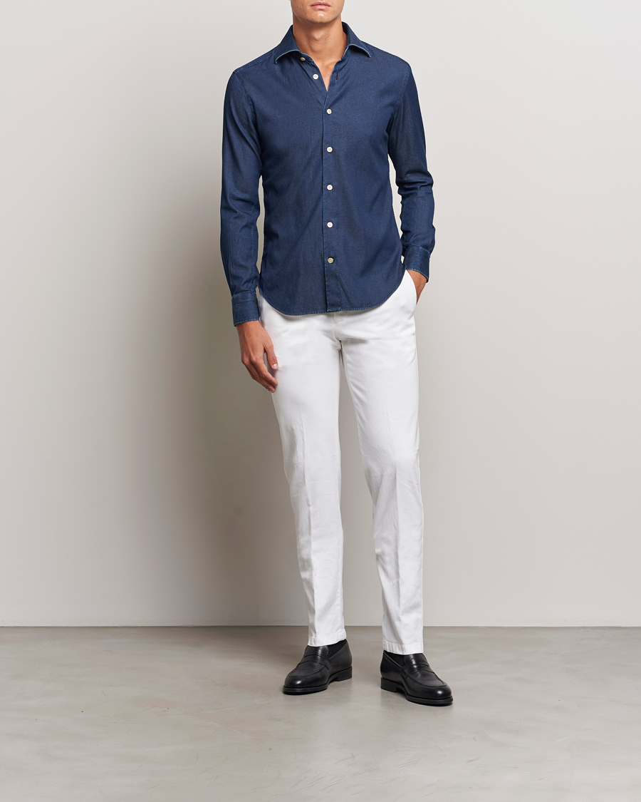 Homme | Chemises | Kiton | Stretch Denim Cut Away Shirt Blue Indigo