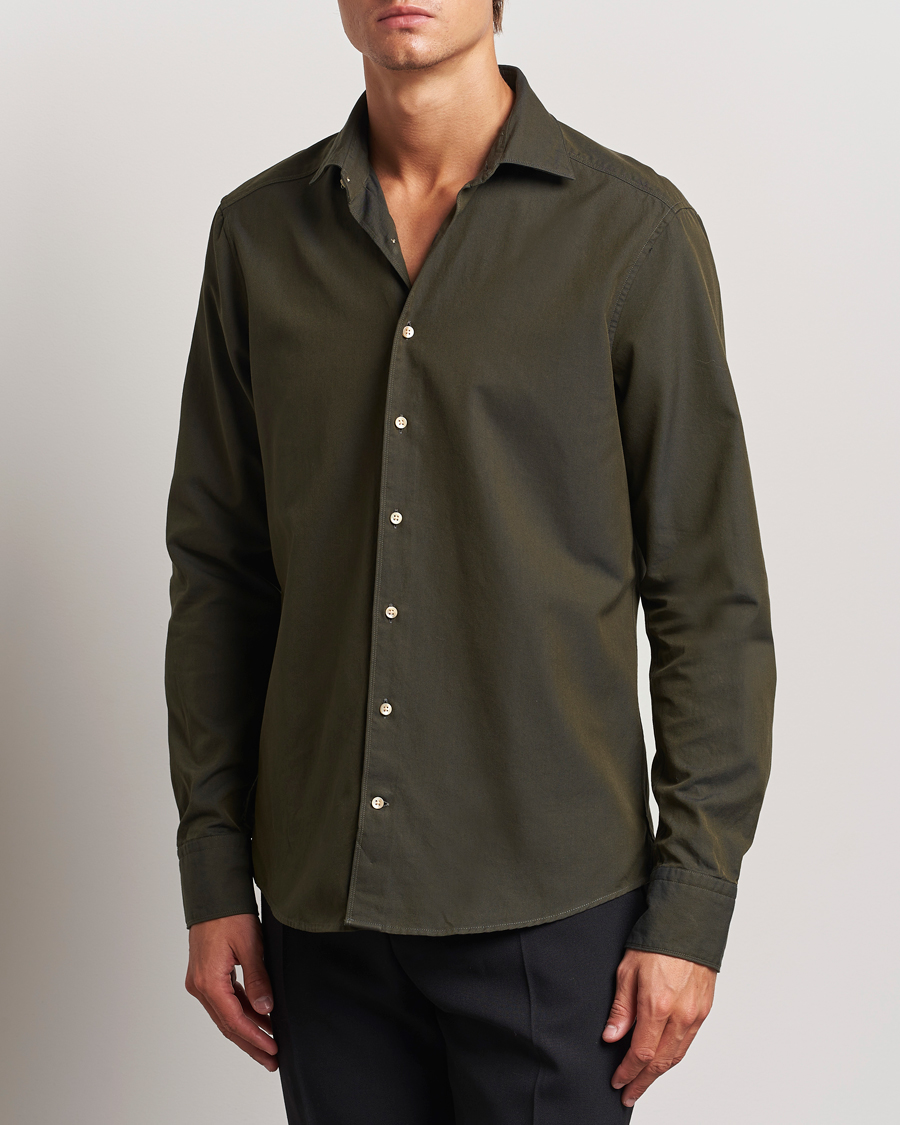 Homme | Chemises | Stenströms | Slimline Cut Away Washed Twill Shirt Dark Green